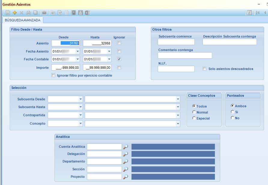 Captura real de gestión de asientos contables de ERPgest